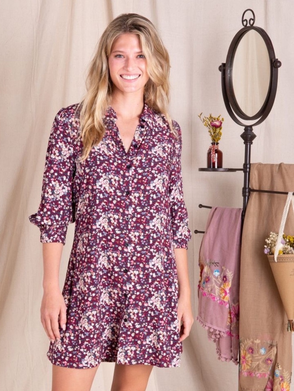 Natural Life Twiggy Mini shirt dress maroon ditsy floral rayon x-large